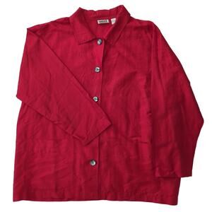 CHICO'S DESIGN Size 3 Red 100 % Silk Collared button up blouse Women's US Sze 16